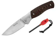 Buck  Knives STE- 0836BRS Cuchillo de Supervivencia plegable 836 Folding Selkirk con hoja de acero inoxidable 420HC de 10 cm y mango Micarta  con virolas de acero marrón/negro . Incluye funda, cortafuegos/silbato