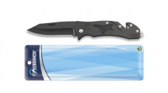Navaja Albainox con punta rompevidrio y corta cinturón, hoja de 7 cm, color negro, presentación en blister