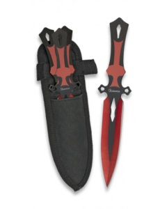 Set de 3 cuchillos lanzadores Albainox, tamaño de 17 cm, un solo filo, funda de nylon, color negro y rojo