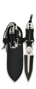 Set de 3 cuchillos lanzadores con calavera Albainox, mango encordado, hoja de acero inox, tamaño total 17 cm, en funda de nylon