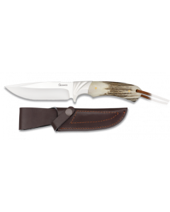 Cuchillo de caza Albainox, hoja de 12 cm de acero inox, mango asta de ciervo, con funda de piel