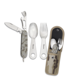Set de Cubiertos de Camping Albainox, Multicam Arido, incluye navaja, tenedor y cuchara