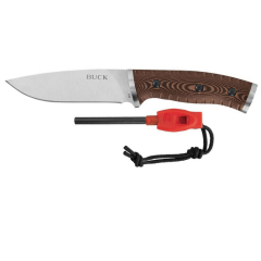 Buck Knives STE-0863BRS Cuchillo de Supervivencia Selkirk, hoja Drop Point de 12.5cm  de acero inoxidable 420HC, mango Micarta contorneada CNC marrón/negro . Incluye funda de nylon marrón/negro y corta fuegos