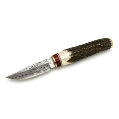 Cuchillo de lujo Muela Bowie BW-6DAM, hoja de 7,5 cm de acero damasco inoxidable, mango de asta de ciervo y latón + tarjeta multiusos de regalo