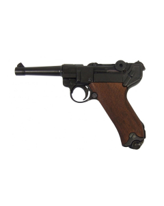 Réplica de pistola Parabellum o modelo 1908 (P08), conocida como Luger, fabricada en metal y cachas de madera , con mecanismo simulador de carga y disparo y cargador extraíble de color marrón y negro