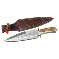 Cuchillo de caza Muela Gran Duque DUQUE-25A, puño de asta de ciervo y defensa de latón, hoja MOVA de 25 cm + tarjeta multiusos de regalo