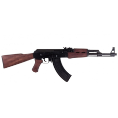 Réplica de fusil de asalto AK47  diseñado en 1942 por Mikhail Kalashnikov durante la 2 Guerra Mundial, fabricado en metal y madera, con mecanismo simulador de carga, con cañón ciego, no funciona, para decoración