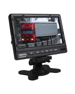 Monitor visión trasera en vehículos de 7", soporta cámaras AHD 1080P, doble entrada M12, contiene marco y pie, color negro