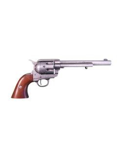 Réplica de revólver 7½" Peacemaker diseñado por Samuel Colt en 1873, fabricado en metal y madera, con mecanismo simulador de carga y disparo y tambor giratorio.