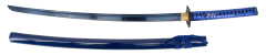 Katana Funcional en color Azul de 104 cm, hoja de acero de AISI 1045 con filo acabado en azul, con vaina color azul y encordado azul, mango con encordado azul de curpiel, con soporte y caja de madera.