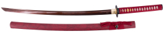 Katana Funcional S6040 de 104 cm hoja de acero de damasco rojo, vaina de madera forrada de polipiel roja con detalles de flores de lotus, mango encordado rojo con piel de raya auténtica. Con soporte.