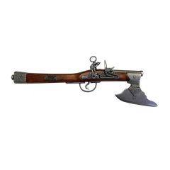 Réplica de pistola de chispa con hacha de Alemania del Siglo S.XVII fabricada en metal y madera con mecanismo simulador de carga y disparo, con cañón ciego, no dispara, para decoración