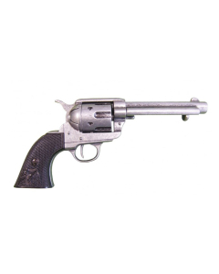 Réplica de revólver Peacemaker de  5½" fabricado en metal y cachas de plástico, con mecanismo simulador de carga y disparo y tambor giratorio, con caño ciego, no dispara, para decoración