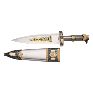 Daga Romana SPQR 10230 en forma de águila, empuñadura y guarda de color níquel y bronce,largo total 34,5 cm, hoja de acero con dibujo. Vaina metálica con acabados en bronce y níquel