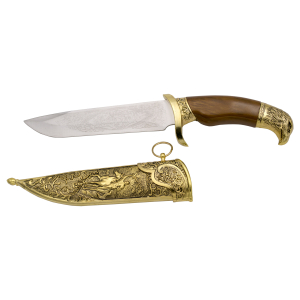 Daga Eagle 15500A, goldener Knopf in Form eines Adlers, goldfarbener Schutzgitter und Pod mit gravierten Details, holzfarbener Griff, Größe 31 cm mit Stahlblatt.