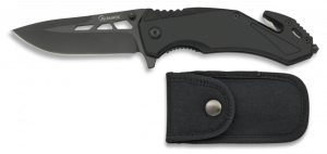 Navaja Táctica de Seguridad Martinez Albainox Negra con mango de aluminio y hoja de acero inoxidable de  8.8 cm. Incluye clip, punta rompevidrio, cutter cinturón de seguridad y funda nylon 19907