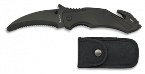 Faca tática de segurança preta Martinez Albainox com mango de alumínio e aço inoxidável de 8,5 cm. inclui clip, punta rompevidrio, cortador de cinto de segurança e nylon coldre 19981.