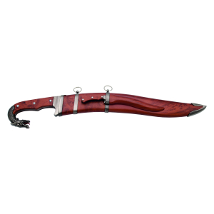 Daga Falcata Drache mit Messer, 26186, nickelfarbener Drachenknopf, holzfarbener Griff mit nickelfarbenem Schutz, Gesamtlänge 43,5 cm mit Stahlklinge, holzfarbene Scheide
