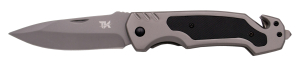 Navaja de rescate Tramuntana Kinves N84N mango de acero bañado en titanio gris con inserción de G10 negro con textura, hoja de acero 420 bañada en titanio gris de 9,6 cm, navaja de bloqueo de forro. Tiene sierra cables y rompe cristales. Con clip. Con caj