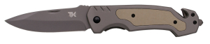 Navaja de rescate Tramuntana Kinves N84T mango de acero bañado en titanio gris con inserción de G10 marrón con textura, hoja de acero 420 bañada en titanio gris de 9,6 cm, navaja de bloqueo de forro. Tiene sierra cables y rompe cristales. Con clip. Con ca