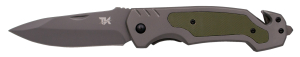 Navaja de rescate Tramuntana Kinves N84V mango de acero bañado en titanio gris con inserción de G10 verde con textura, hoja de acero 420 bañada en titanio gris de 9,6 cm, navaja de bloqueo de forro. Tiene sierra cables y rompe cristales. Con clip. Con caj