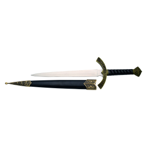 Daga Bettlöwen S0162, bronzener Knopf und Schutzgitter mit schwarzem Griff, Länge 35 cm, mit Stahlklinge, schwarze Scheide mit bronzenen Details und Löwenzeichnungen.