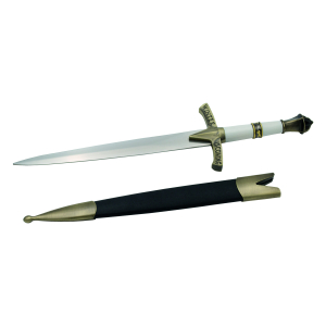 Daga Fantastic Winter kommt S0169W, Bronzeknopf und Schutzgitter, weißer Griff, Gesamtgröße 43 cm mit Stahlklinge, schwarze Scheide