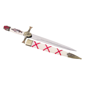 Daga Exklusives Design Priorato de Sion S0213WS, Bronzeknopf und Schutzgitter mit roten Details, Elfenbeingriff und Pod, Gesamtlänge 39,5 cm Stahlblatt graviert