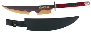 Espada gemela S0294 de Demon Slayer empuñada por Tengen Uzui mango encordado en color granate y hoja negra con corte acabado en llamas amarillas y naranjas. Incluye funda de polipiel negra.