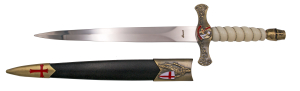 Daga Templaria S0296, el pomo está acabado con un casco en bronce antiguo y el mango en acrílico blanco con hilo metalico torneado en bronce, El tamaño total es de 40 cm con hoja de acero.