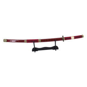 Katana S5019 Sandai Kitetsu de Zoro de One Piece réplica no oficial de 103 cm hoja de acero negra con dentado satinado, mango con encordado burdeos, con soporte. Ref. S5019