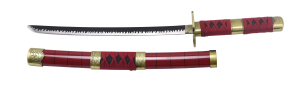 Katana S5054 Sandai Kitetsu de Zoro de One Piece réplique non officielle de lame de 45 cm de acier noir avec dentelure satinée, poignée avec cordage bordeaux, avec support.