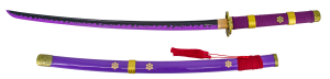 Katana Funcional S5074H de Enma de Zoro de One réplica no oficial de 106.5 cm hoja de acero al carbono AISI 1045 acabada en negro con detalles en el corte lilas, con vaina lila con detalles dorados y encordado rojo, mango con encordado lila con detalles d