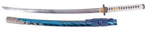 Katana Funcional S6058 Ghost of Tsushima, réplica no oficial, espada samurái funcional, corte y práctica, acero al carbono 1060, mango encordado blanco, con soporte, color azul y negro