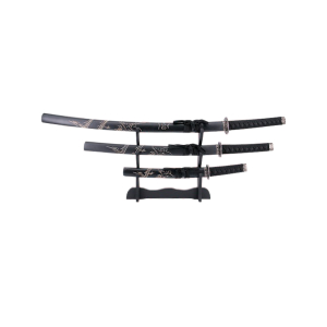 Set de Katana, Wakisashi e Tanto com Detalhe de Dragon - Blades de Steel, Black Strung Handle --- Inclui Stand.