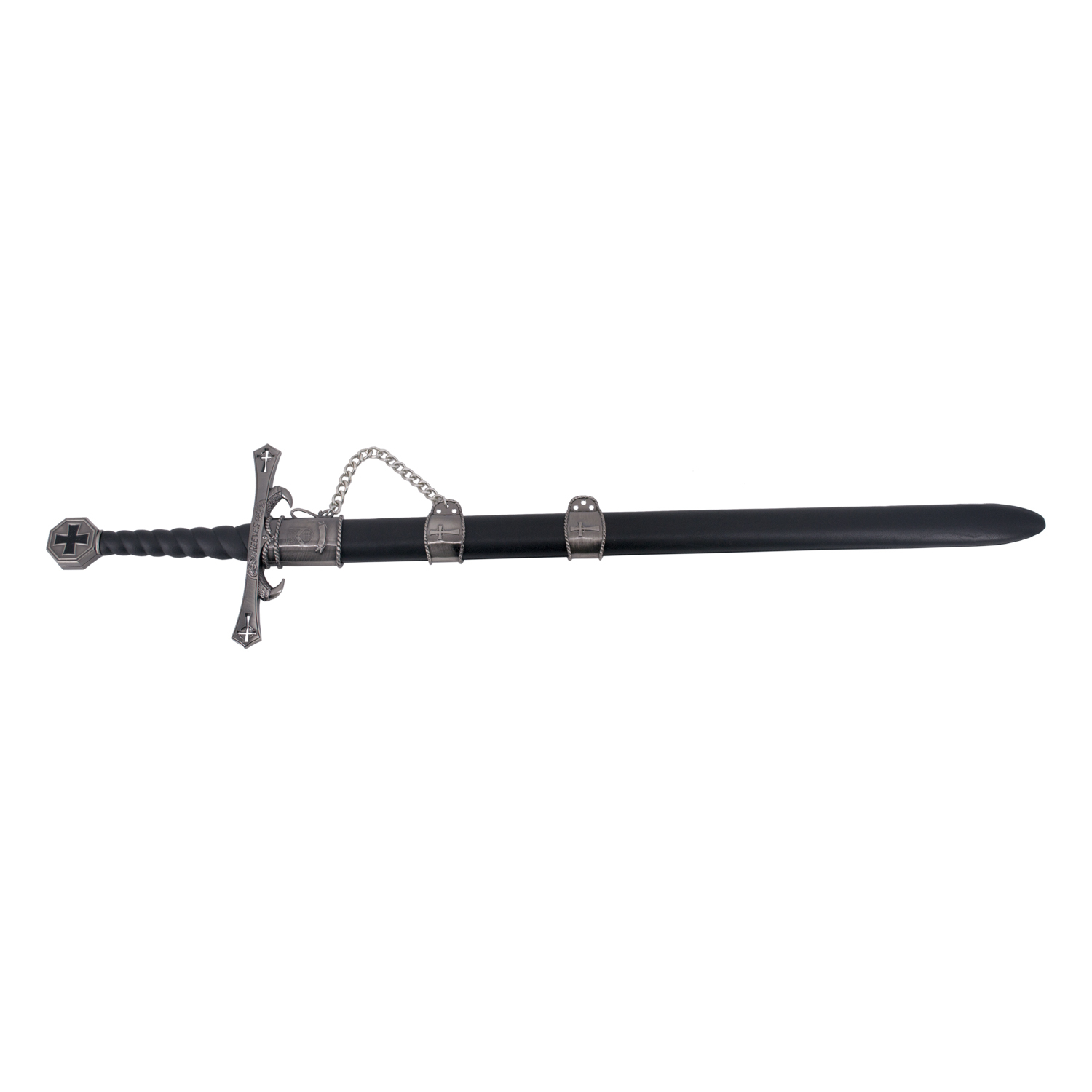 Espada Templaria 14427, con acabados en níquel en el pomo y la guarda,empuñadura color negro, 96 cm de largo, hoja de acero, Con funda acabada con en níquel y con cadena
