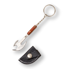 Llavero decorativo / JKR / Hacha vikinga con mango de madera y hoja imitación damasco, diseño rústico y compacto, 7,2 cm de largo