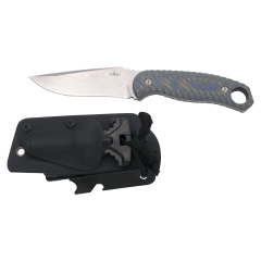 Couteau Tactical Third 10200, lame acier 10.30 cm, finition pierre claire, manche bicolore G10 bleu/chamel, avec couvercle kydex et briquet en magnésium.