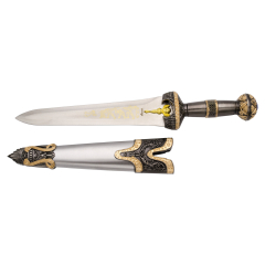 Daga Grec 10231, avec bouton, poignée et garde en nickel et bronze, taille totale 36 cm, feuille d'acier avec un dessin doré, gaine métallique avec finitions bronze et nickel.