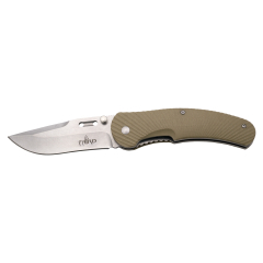 Couteau Third 10477, manche de G10 Camel, lame acier inox 420 de 10.5 cm, finition en pierre claire propre "Pierre blanche lavée". Avec housse en nylon de forme fixe.