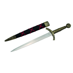 Daga Medieval Early 10772-1, botão de bronze com gravura cruzada, protetor e alça de bronze, comprimento total 40 cm, Black Pod