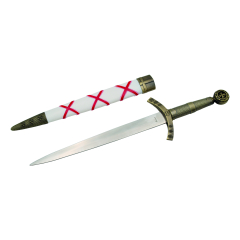 Daga Tempraria médiéval 10772-2, bouton, garde et poignée couleur bronze, la taille totale est de 40 cm avec lame en acier, la gaine est blanche