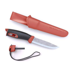 Morakniv STE-13571 Couteau de survie de Companion Spark rouge avec lame droite de acier inoxydable de 10,4 cm et poignée de TPE caoutchouc noir/rouge. Avec paracorde, briquet et gaine depolymer red avec clip de ceinture, sous blister.