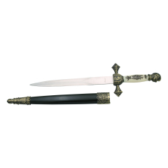 Daga AM-13747-4 Medieval, maçaneta e capacete em bronze, pega com padrão preto e pega branca, lâmina de aço, comprimento total 35 cm, bainha preta