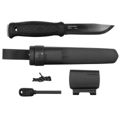 Morakniv STE-13915 Couteau de de survie Garberg bushcraft, lame noire de acier carbone de 10,9 cm, manche de polyamide de couleur noire et étui de polymère noir avec kit de survie de