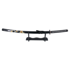 Katana 15343N 102 cm folha de aço, com bainha preta decorada com dragão, mango com corda preta, com soporte