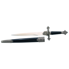 Daga Medieval 15794, con pomo y guarda de color níquel, empuñadura negro, largo total 35,5 cm con la hoja de acero, vaina negra con detalles en color níquel