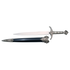 Daga Templiers 16643, bouton nickel, garde et poignée avec dessins, longueur totale 35 cm, feuille d'acier, capsule noire avec finition nickel.