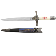 Daga Templer mit nickelfarbenem Knauf und Schutz und weißem Griff und rotem Templerkreuz, Klinge aus Stahl, Gesamtlänge 40,5 cm, Scheide mit Toledo Alcazar-Fibel