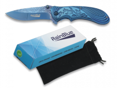 Navaja Fantasía Rainblue con mango de aluminio recubierto de titanio Flores, hoja de acero inoxidable de 8 cm. Incluye funda de terciopelo y caja de presentación 18021